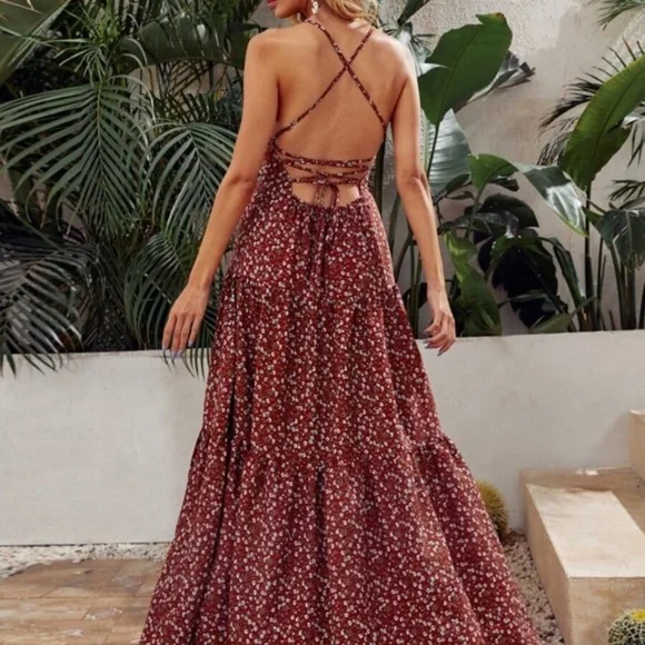 Boho Floral Lace up Criss Cross Back Maxi Dress - Picture 2 of 6